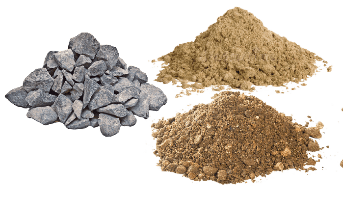 Three piles of different aggregate products